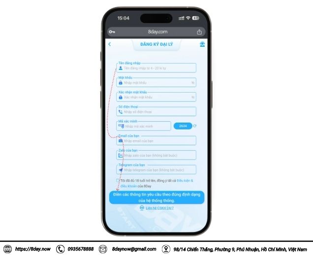 Đại lý 8DAY 3 Nhập nội dung đăng ký