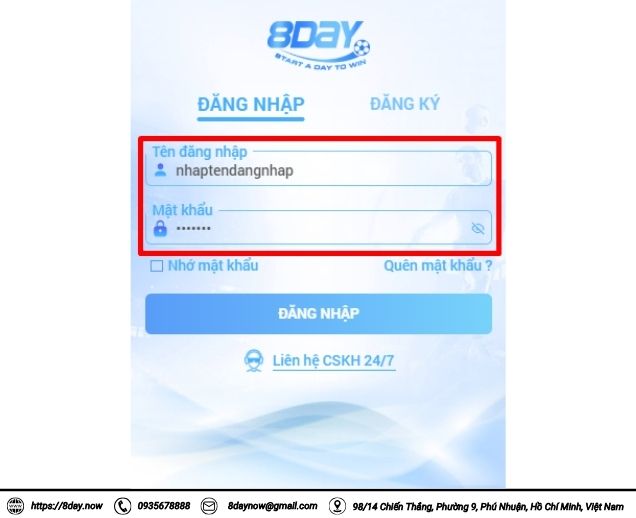 Hướng dẫn đăng nhập 8Day 3 Nhập thông tin để đăng nhập 8Day