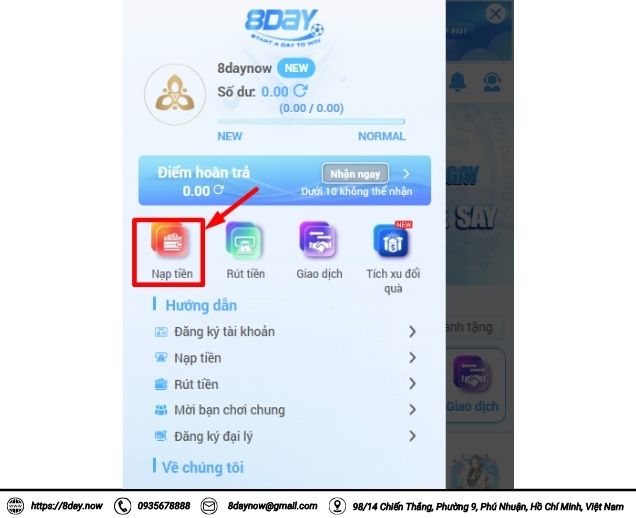Hướng dẫn nạp tiền 8Day 2 Chọn vào