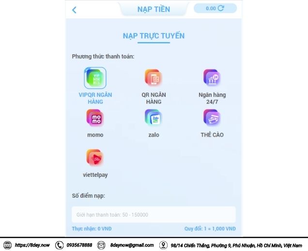 Hướng dẫn nạp tiền 8Day 3 Các phương thức nạp tiền 8Day