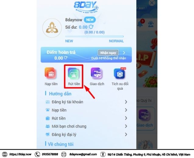 Hướng dẫn rút tiền 8Day 2 Chọn
