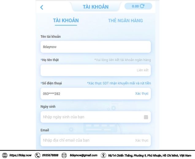 Hướng dẫn rút tiền 8Day 3 Xác thực tài khoản và thẻ ngân hàng để rút tiền 8Day